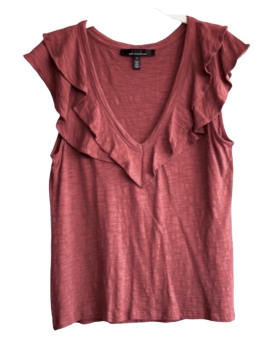 WHBM Ruffled V-neck Tee Sleeveless Blouse Sienna Red Brown Size S
